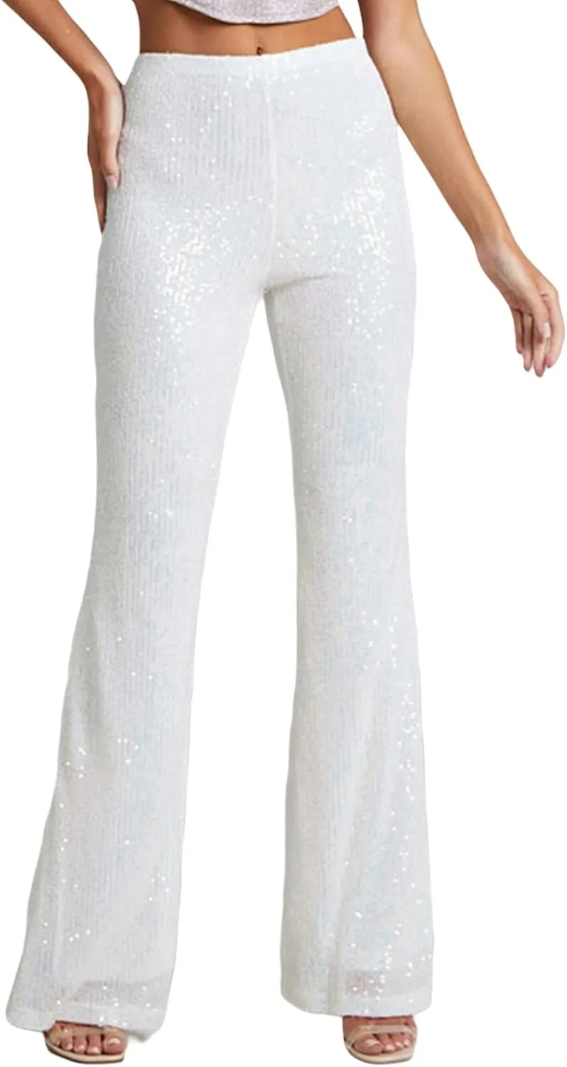 Women Sequins Wide Leg Pants High Waist Sparkle Glitter Trousers Bling Glitter Elastic Loose Flare Bell Bottom Shiny Pants