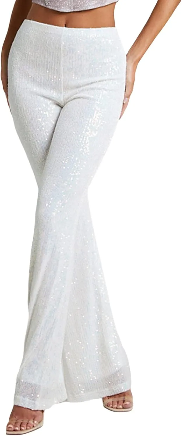 Women Sequins Wide Leg Pants High Waist Sparkle Glitter Trousers Bling Glitter Elastic Loose Flare Bell Bottom Shiny Pants