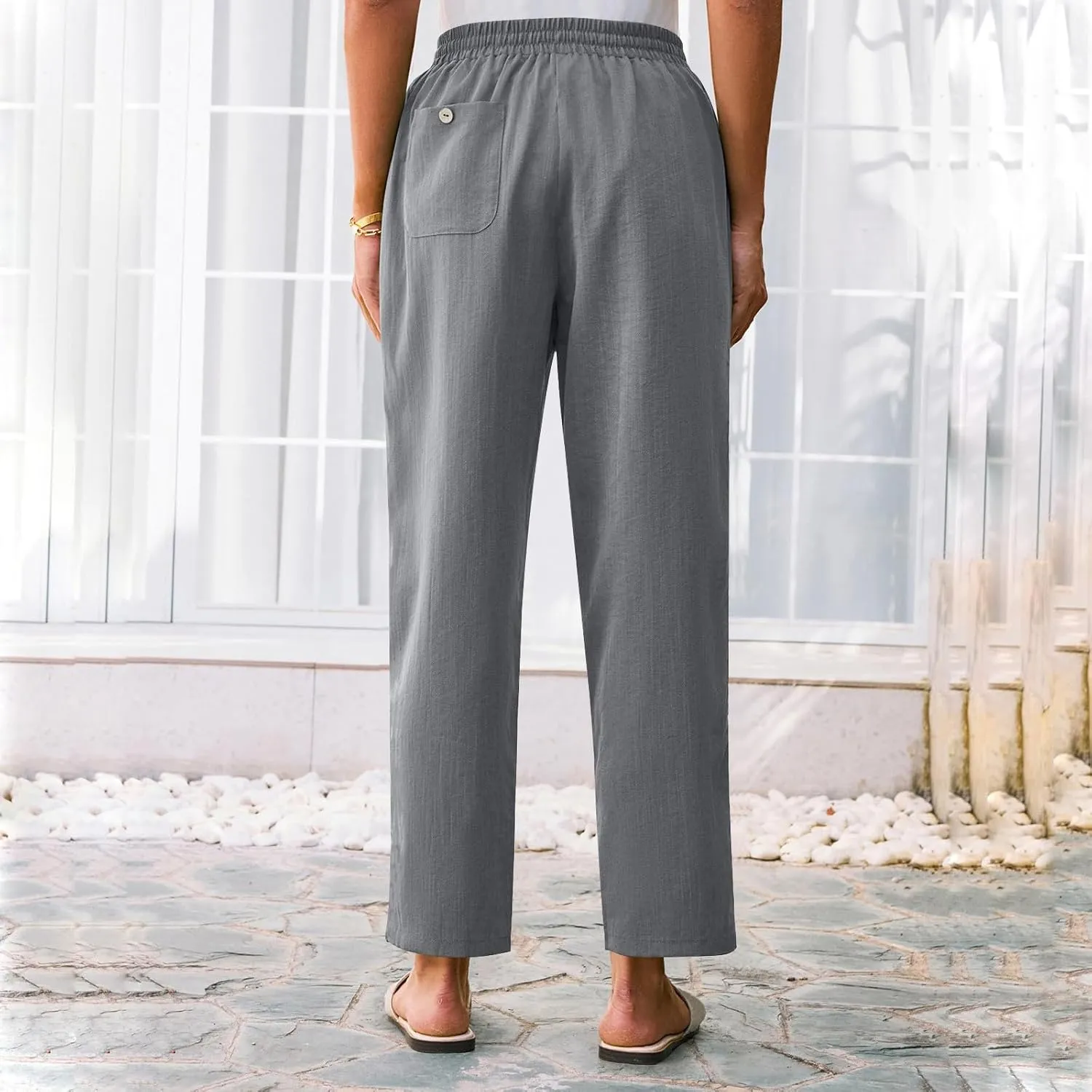 Women Straight Leg Pants Elastic Drawstring Trousers with Pockets 2025 Summer Casual Cotton Linen Beach Lounge Clothes