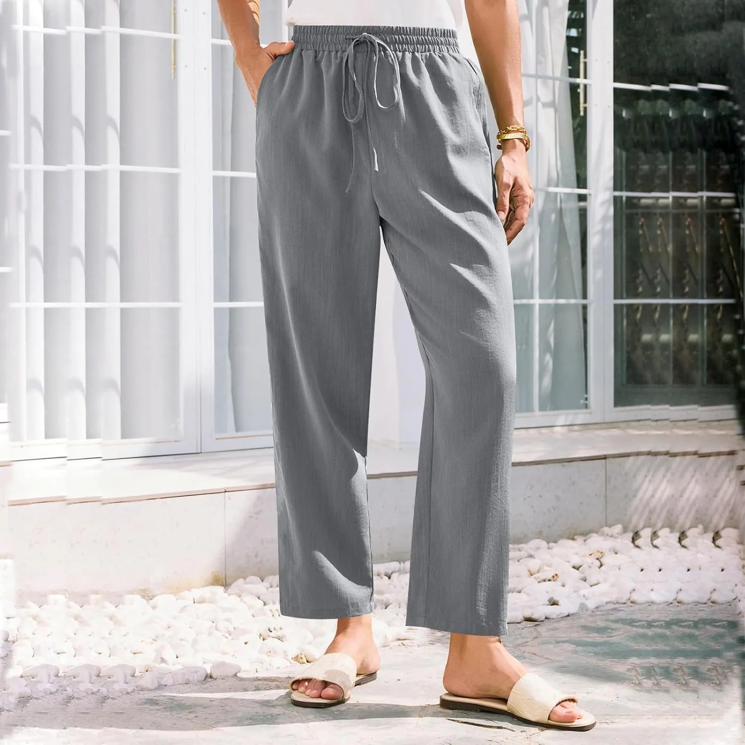 Women Straight Leg Pants Elastic Drawstring Trousers with Pockets 2025 Summer Casual Cotton Linen Beach Lounge Clothes
