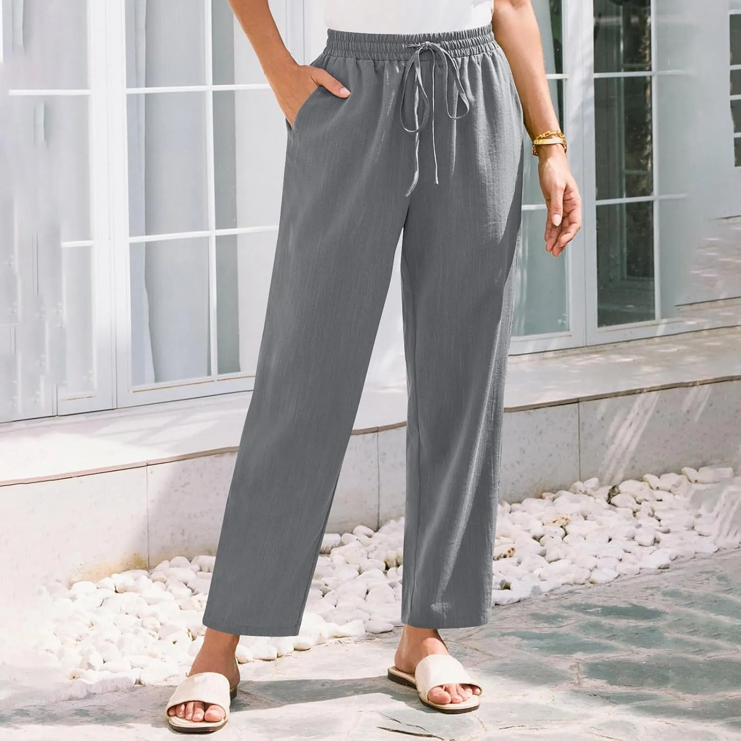 Women Straight Leg Pants Elastic Drawstring Trousers with Pockets 2025 Summer Casual Cotton Linen Beach Lounge Clothes