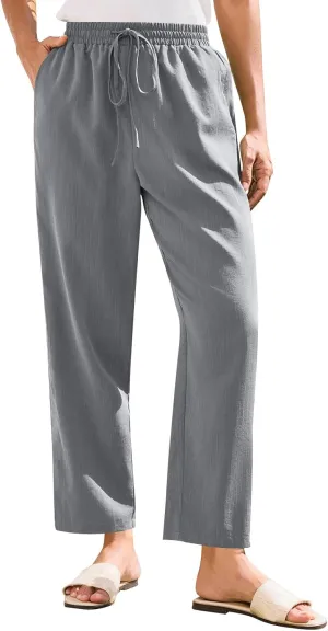 Women Straight Leg Pants Elastic Drawstring Trousers with Pockets 2025 Summer Casual Cotton Linen Beach Lounge Clothes