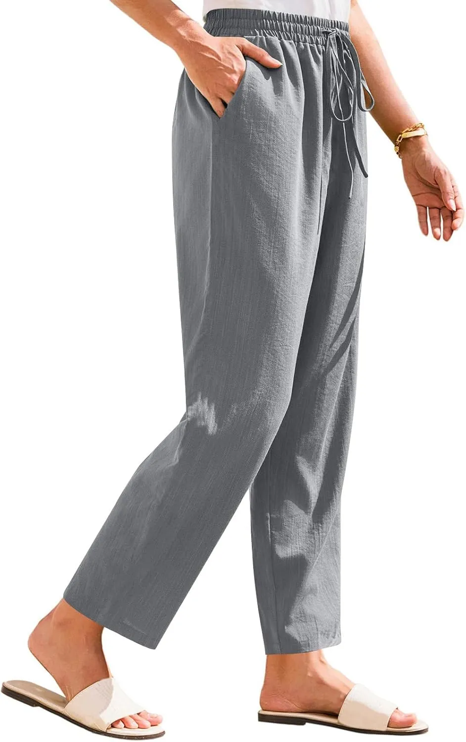 Women Straight Leg Pants Elastic Drawstring Trousers with Pockets 2025 Summer Casual Cotton Linen Beach Lounge Clothes