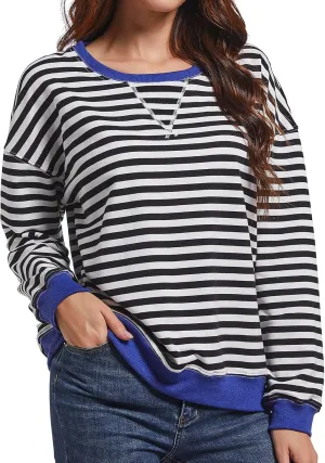 Women Striped Sweatshirts Color Block Crewneck Oversized Long Sleeve Classic Pullover Casual Loose Shirt Y2K Top