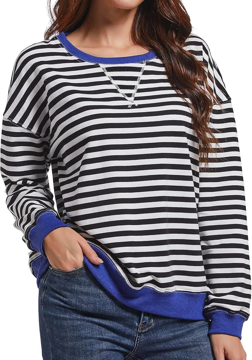 Women Striped Sweatshirts Color Block Crewneck Oversized Long Sleeve Classic Pullover Casual Loose Shirt Y2K Top