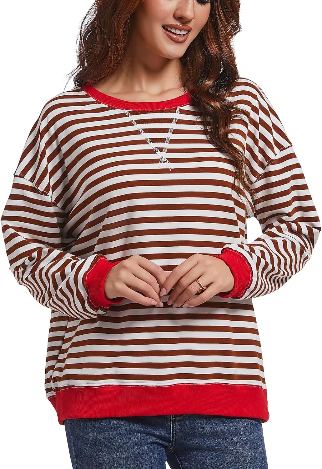 Women Striped Sweatshirts Color Block Crewneck Oversized Long Sleeve Classic Pullover Casual Loose Shirt Y2K Top