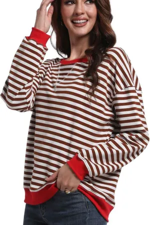 Women Striped Sweatshirts Color Block Crewneck Oversized Long Sleeve Classic Pullover Casual Loose Shirt Y2K Top