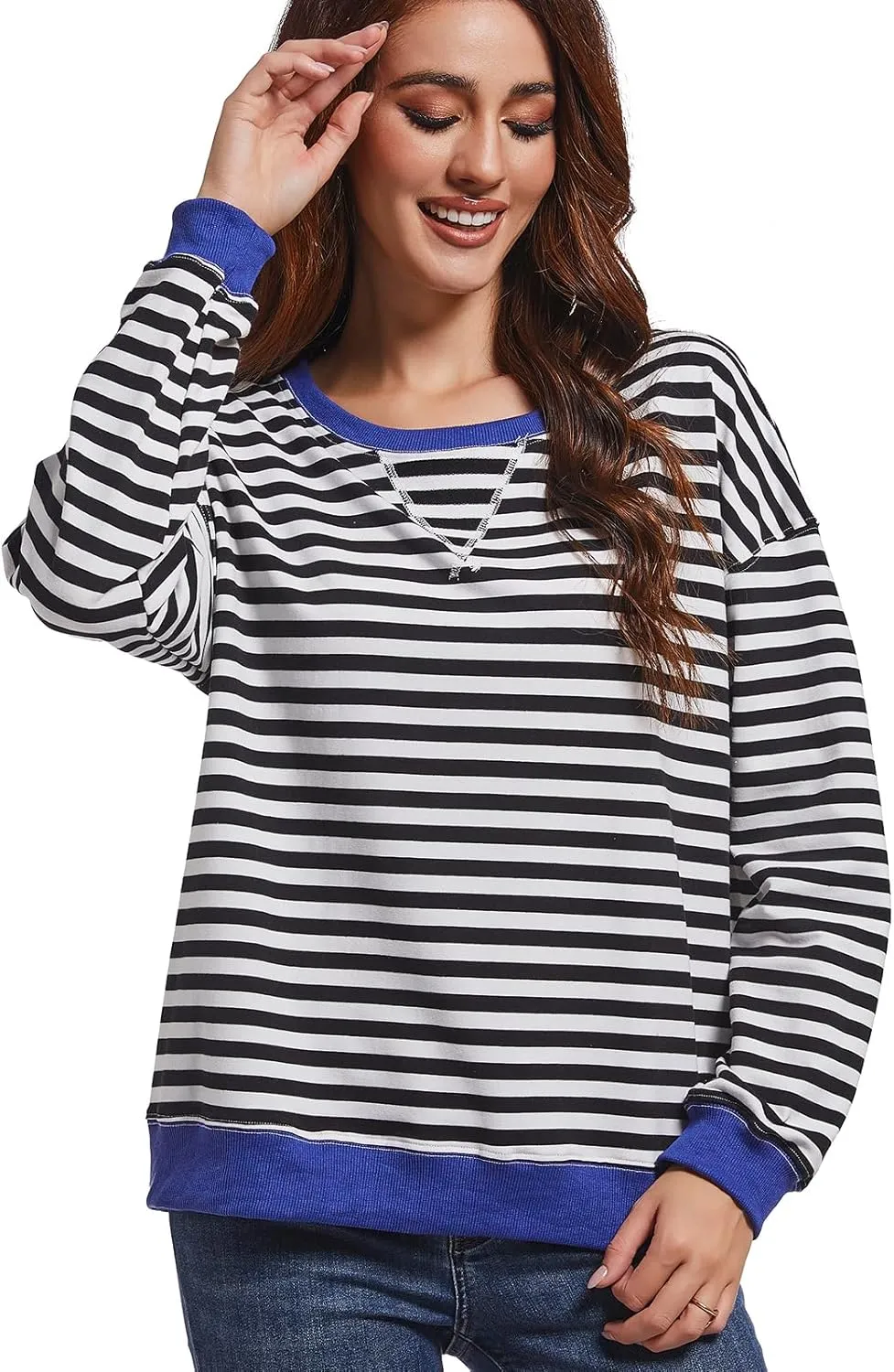 Women Striped Sweatshirts Color Block Crewneck Oversized Long Sleeve Classic Pullover Casual Loose Shirt Y2K Top