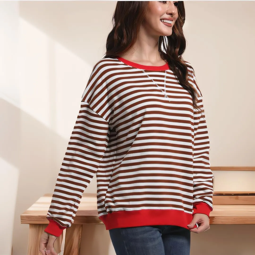 Women Striped Sweatshirts Color Block Crewneck Oversized Long Sleeve Classic Pullover Casual Loose Shirt Y2K Top