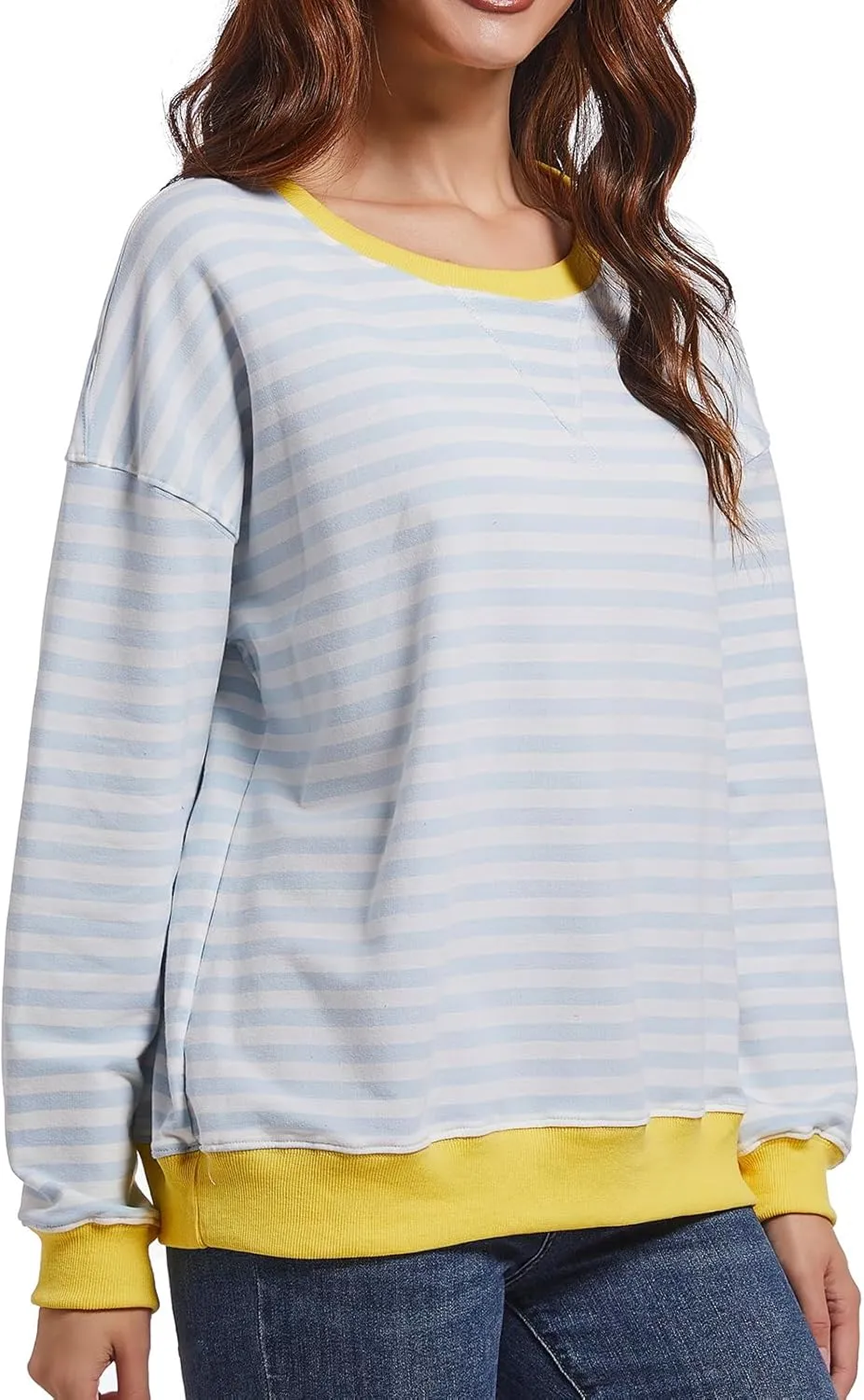 Women Striped Sweatshirts Color Block Crewneck Oversized Long Sleeve Classic Pullover Casual Loose Shirt Y2K Top