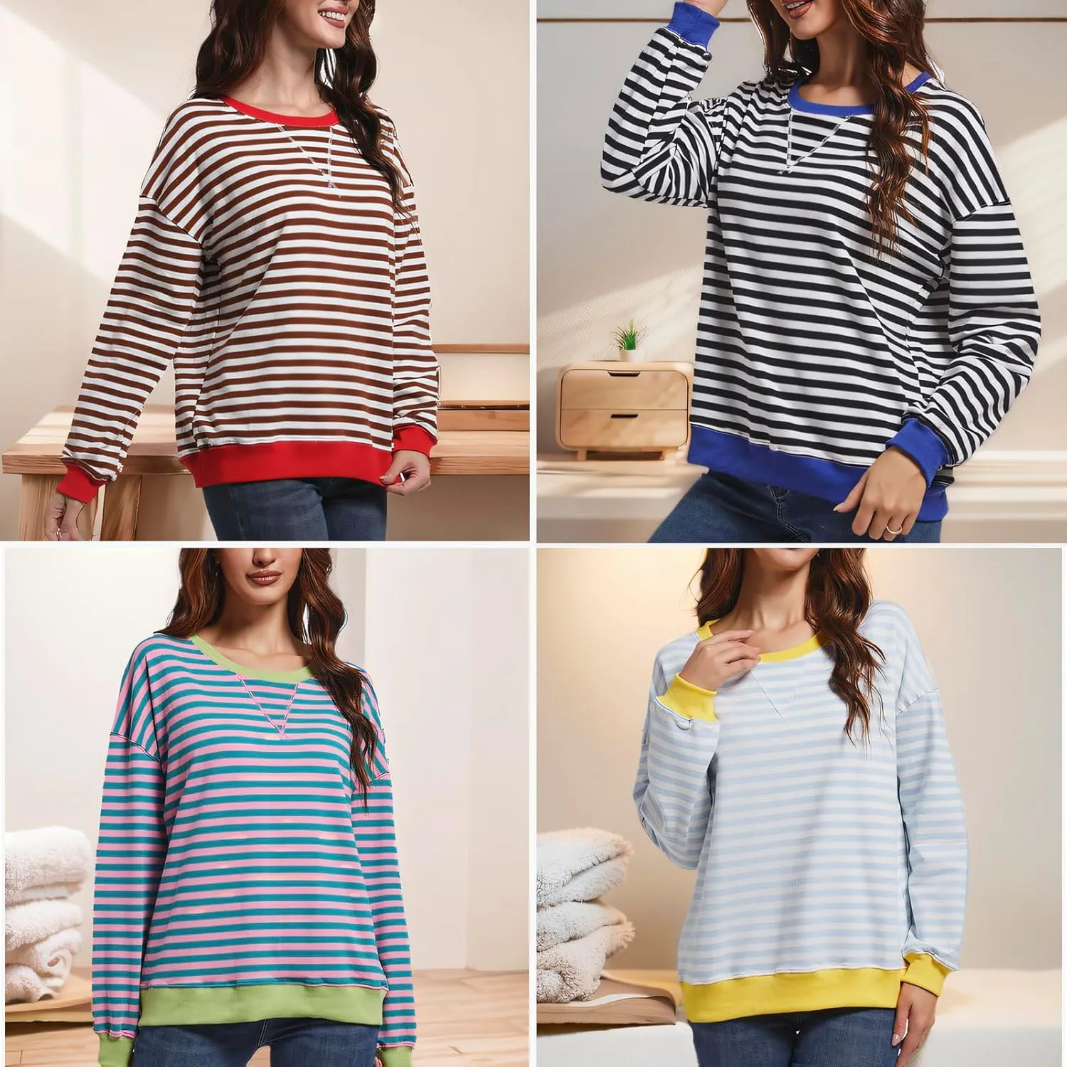 Women Striped Sweatshirts Color Block Crewneck Oversized Long Sleeve Classic Pullover Casual Loose Shirt Y2K Top