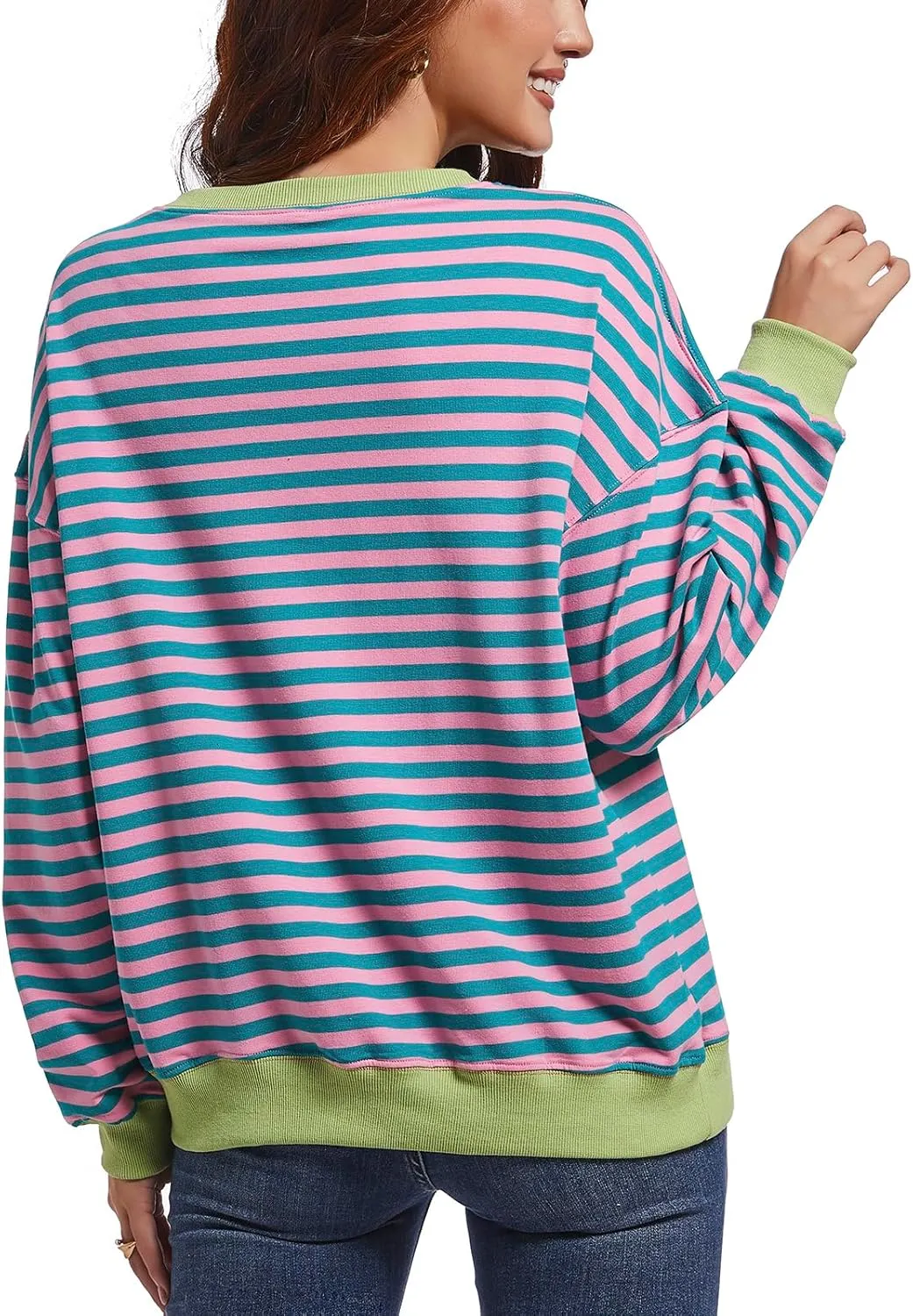 Women Striped Sweatshirts Color Block Crewneck Oversized Long Sleeve Classic Pullover Casual Loose Shirt Y2K Top