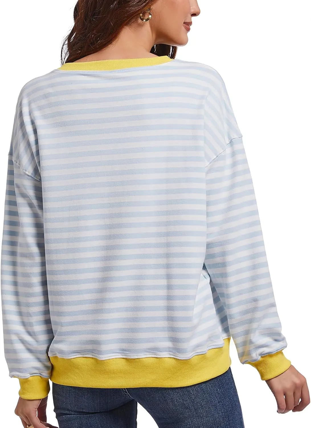 Women Striped Sweatshirts Color Block Crewneck Oversized Long Sleeve Classic Pullover Casual Loose Shirt Y2K Top