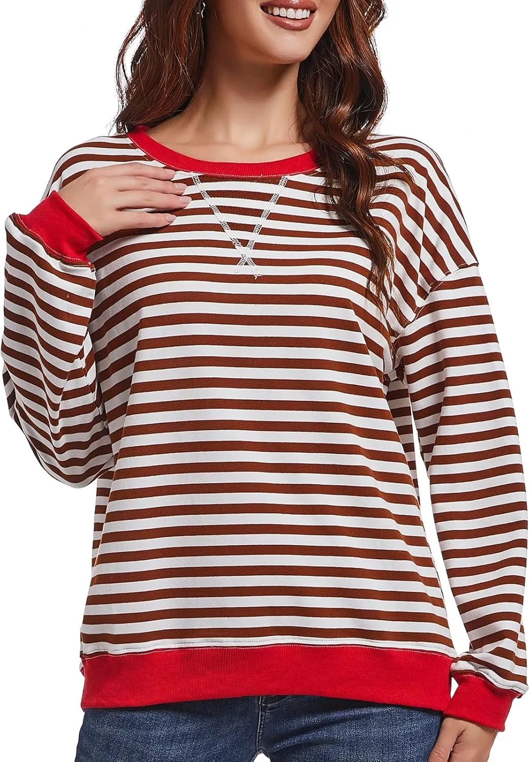 Women Striped Sweatshirts Color Block Crewneck Oversized Long Sleeve Classic Pullover Casual Loose Shirt Y2K Top