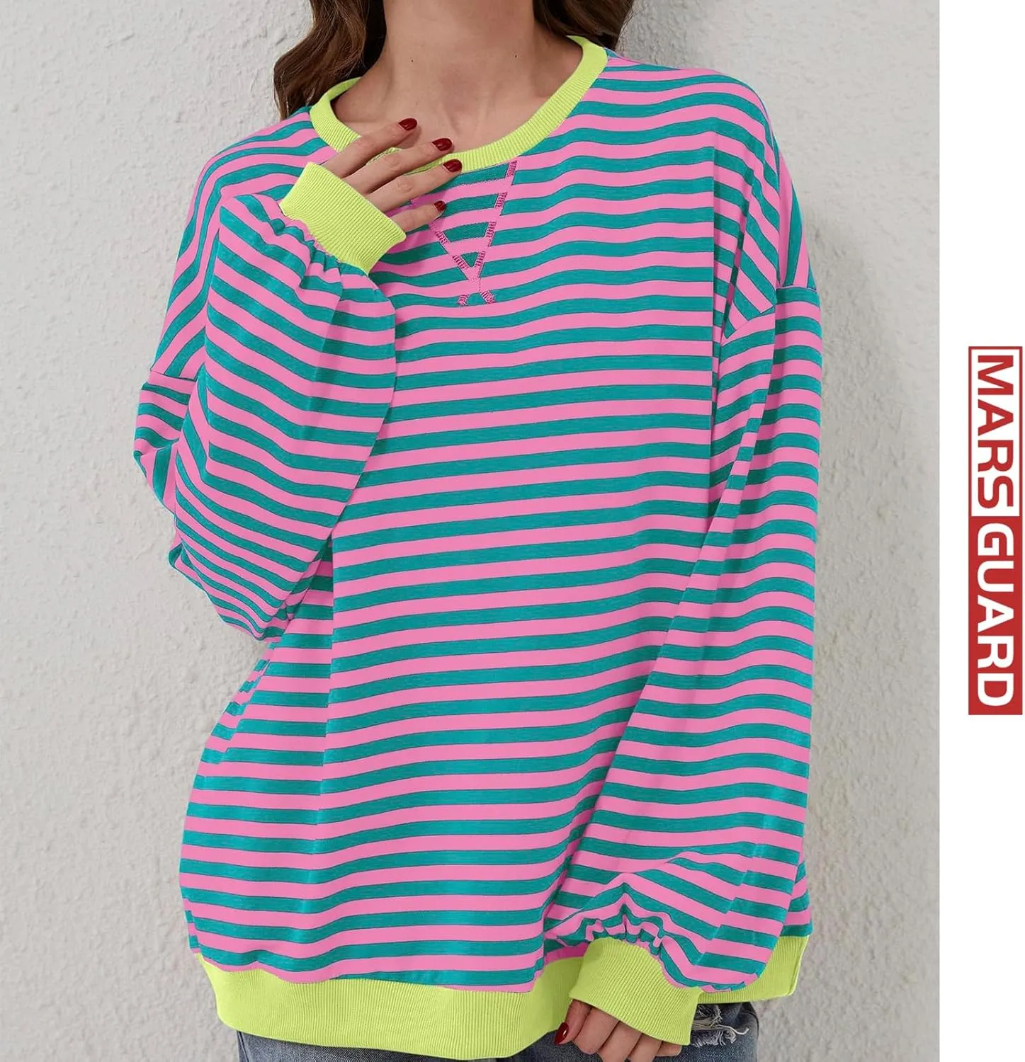 Women Striped Sweatshirts Color Block Crewneck Oversized Long Sleeve Classic Pullover Casual Loose Shirt Y2K Top