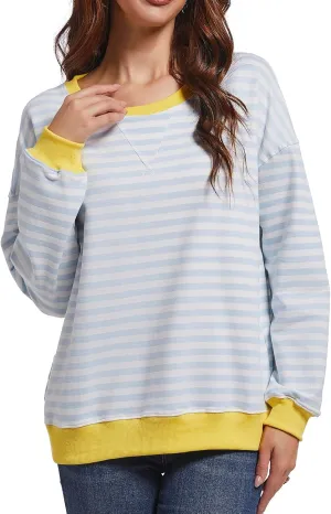 Women Striped Sweatshirts Color Block Crewneck Oversized Long Sleeve Classic Pullover Casual Loose Shirt Y2K Top