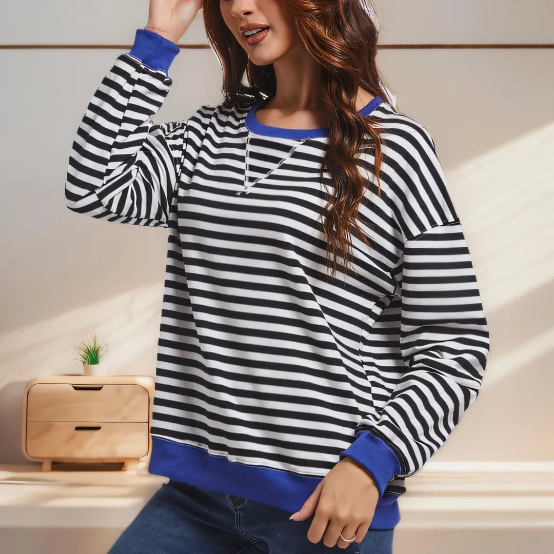 Women Striped Sweatshirts Color Block Crewneck Oversized Long Sleeve Classic Pullover Casual Loose Shirt Y2K Top