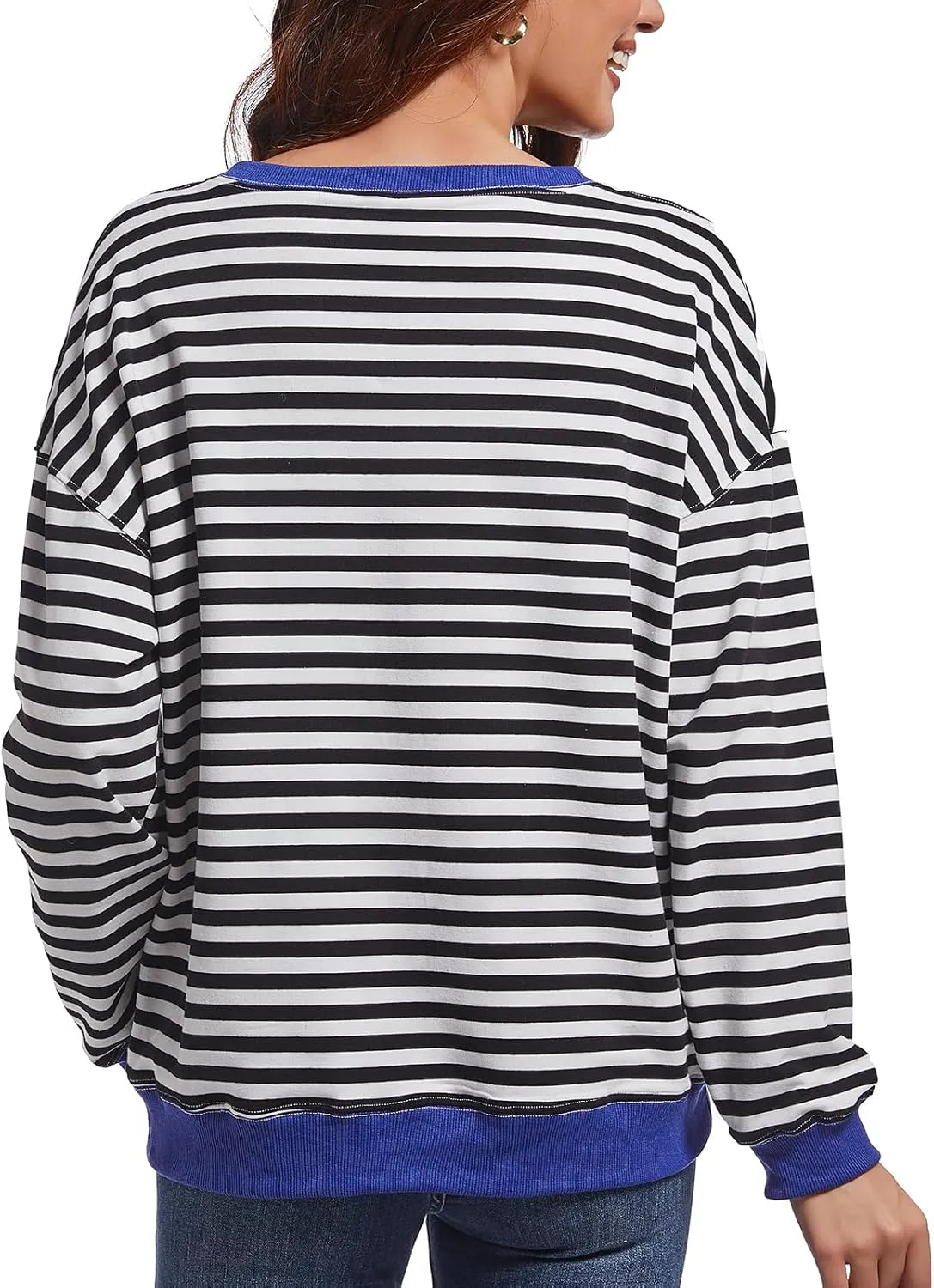 Women Striped Sweatshirts Color Block Crewneck Oversized Long Sleeve Classic Pullover Casual Loose Shirt Y2K Top