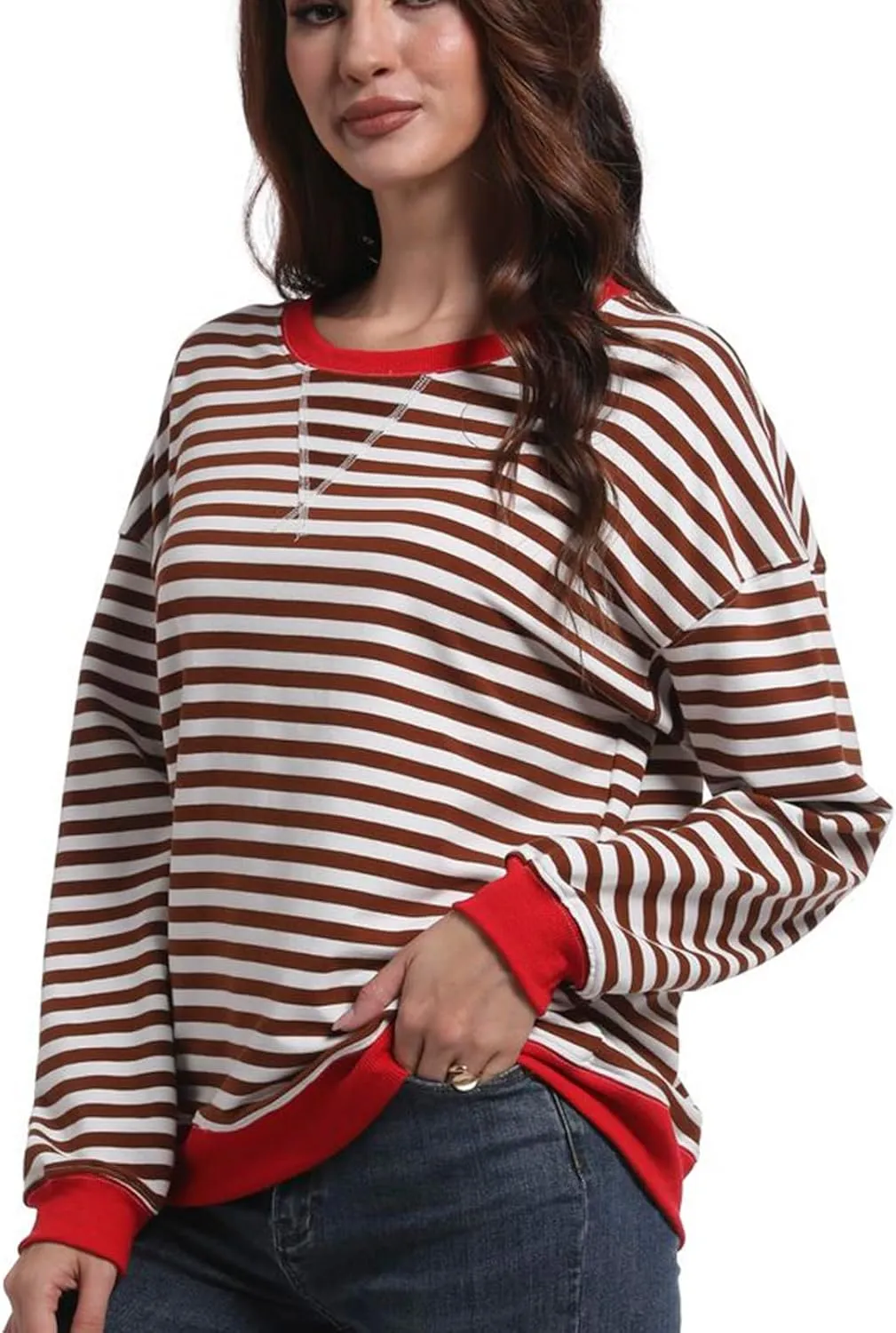 Women Striped Sweatshirts Color Block Crewneck Oversized Long Sleeve Classic Pullover Casual Loose Shirt Y2K Top