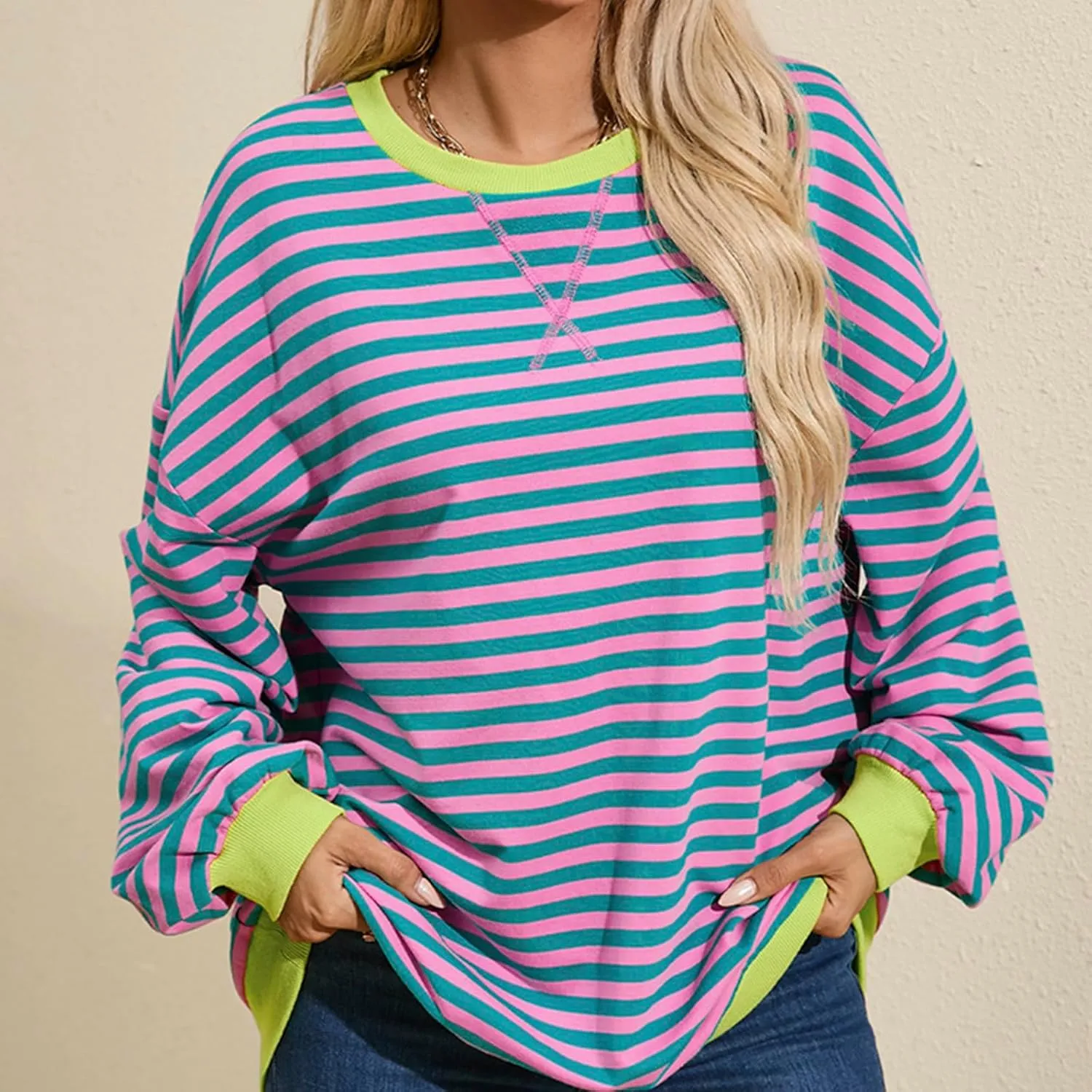 Women Striped Sweatshirts Color Block Crewneck Oversized Long Sleeve Classic Pullover Casual Loose Shirt Y2K Top
