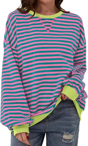 Women Striped Sweatshirts Color Block Crewneck Oversized Long Sleeve Classic Pullover Casual Loose Shirt Y2K Top