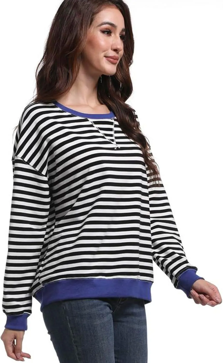 Women Striped Sweatshirts Color Block Crewneck Oversized Long Sleeve Classic Pullover Casual Loose Shirt Y2K Top