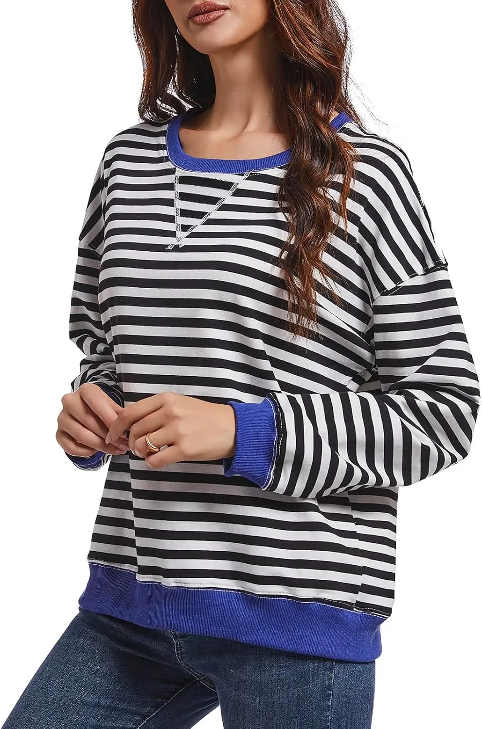 Women Striped Sweatshirts Color Block Crewneck Oversized Long Sleeve Classic Pullover Casual Loose Shirt Y2K Top