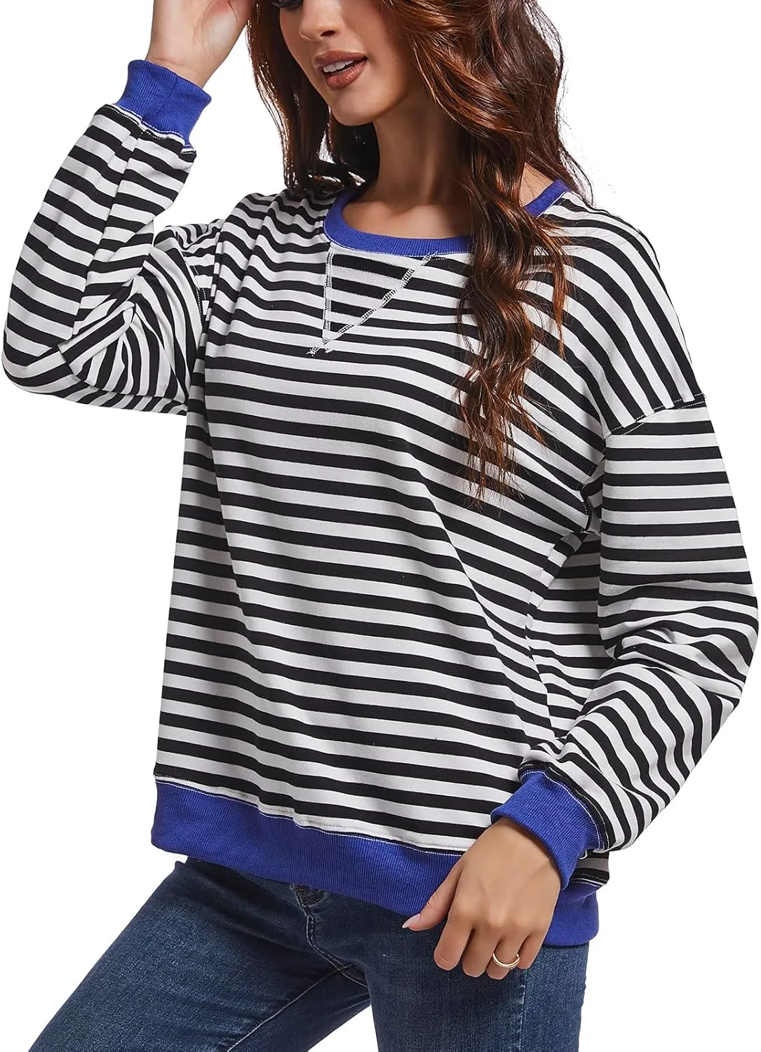 Women Striped Sweatshirts Color Block Crewneck Oversized Long Sleeve Classic Pullover Casual Loose Shirt Y2K Top