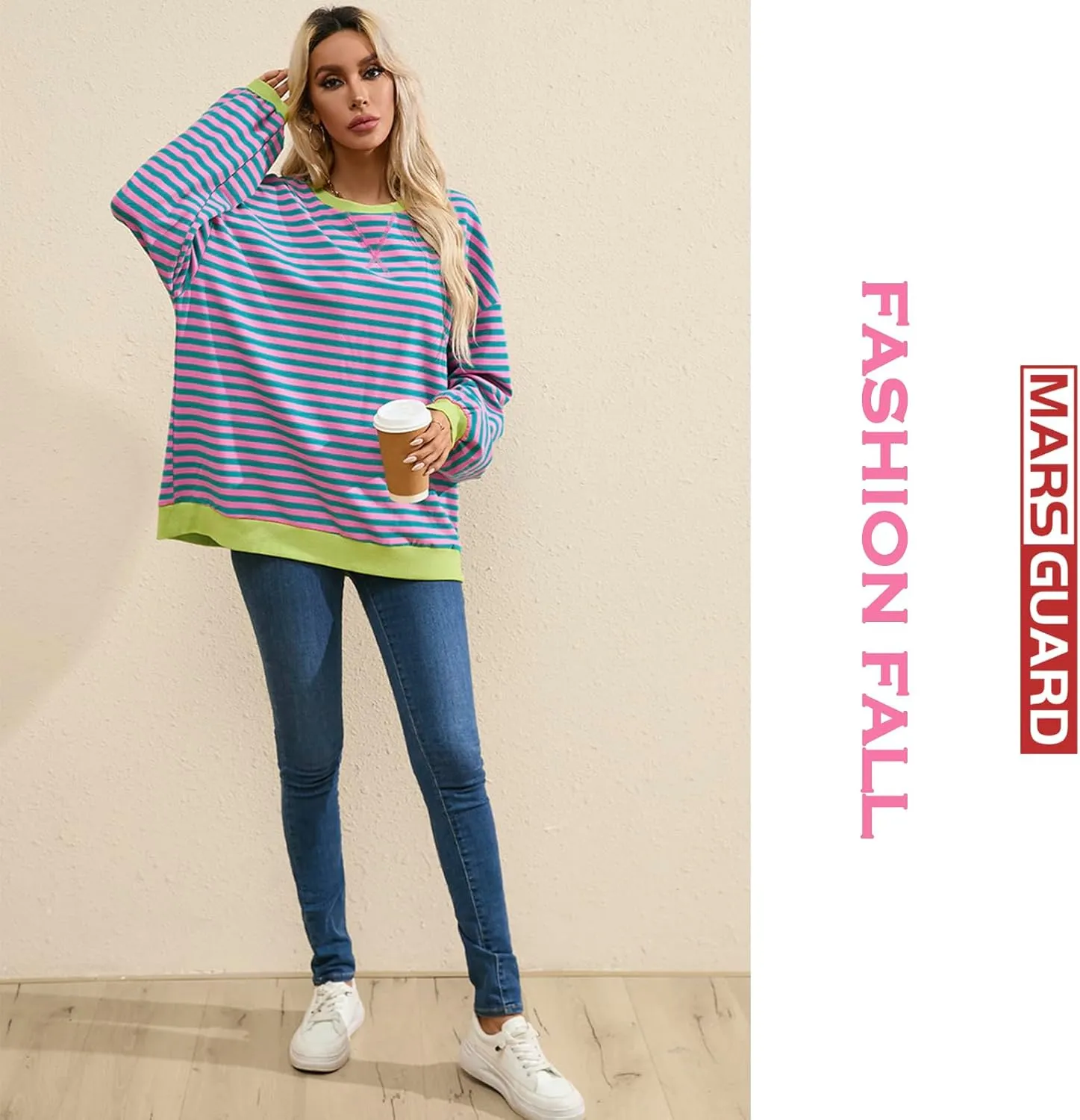 Women Striped Sweatshirts Color Block Crewneck Oversized Long Sleeve Classic Pullover Casual Loose Shirt Y2K Top