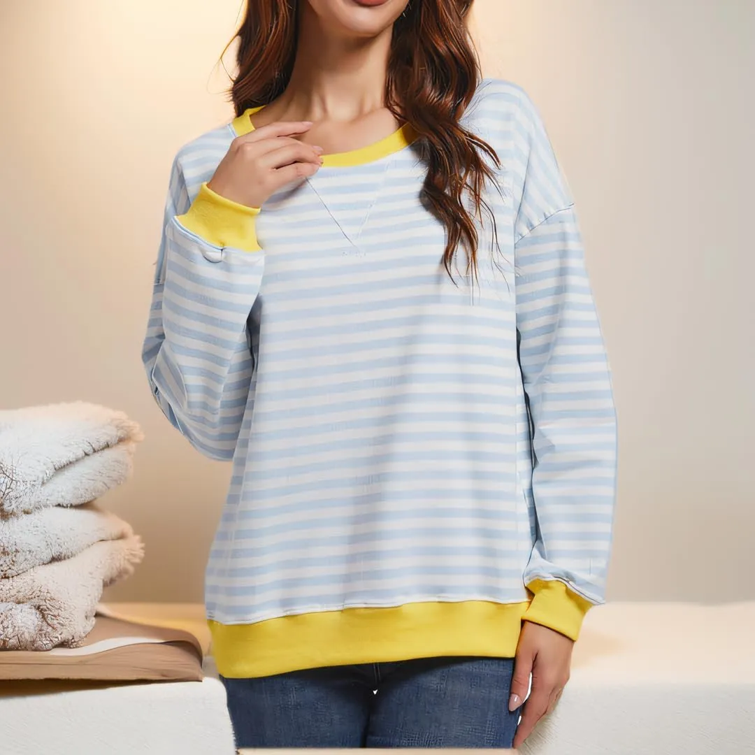 Women Striped Sweatshirts Color Block Crewneck Oversized Long Sleeve Classic Pullover Casual Loose Shirt Y2K Top