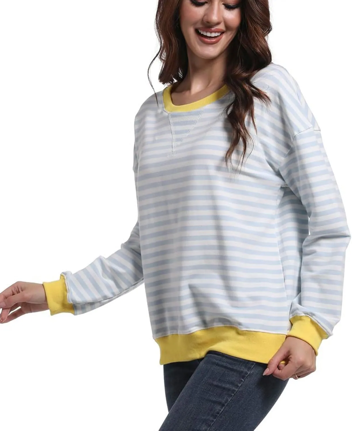 Women Striped Sweatshirts Color Block Crewneck Oversized Long Sleeve Classic Pullover Casual Loose Shirt Y2K Top