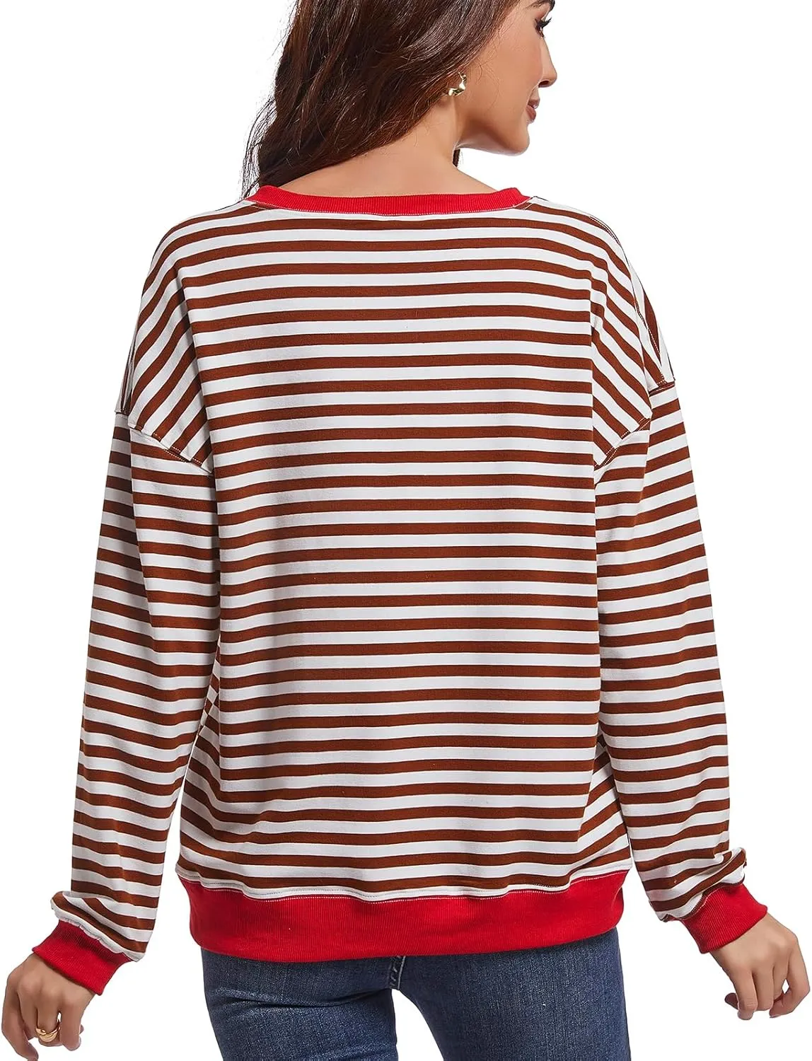 Women Striped Sweatshirts Color Block Crewneck Oversized Long Sleeve Classic Pullover Casual Loose Shirt Y2K Top