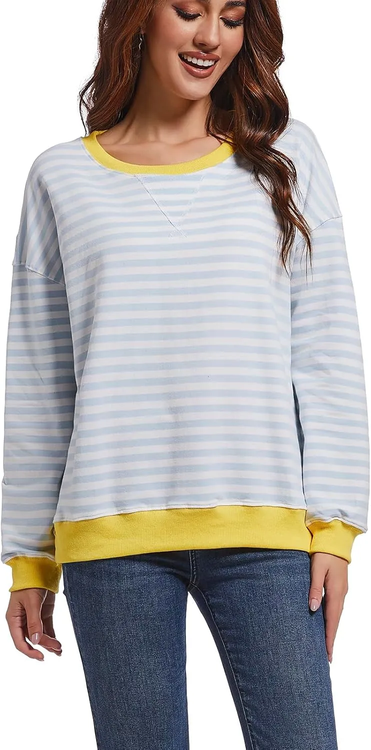 Women Striped Sweatshirts Color Block Crewneck Oversized Long Sleeve Classic Pullover Casual Loose Shirt Y2K Top