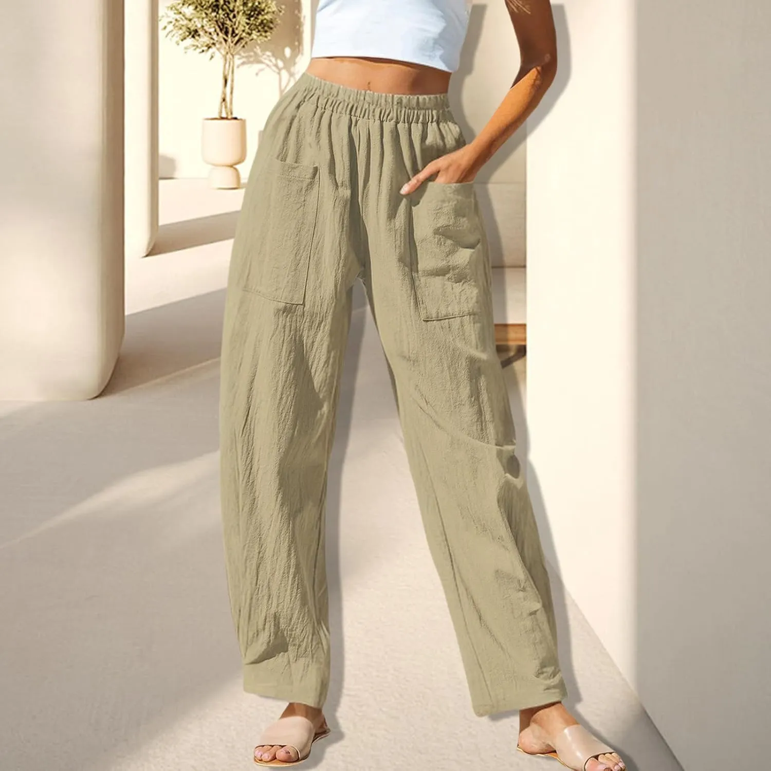 Women Summer Beach Vacation Pants Wide Leg Linen Elastic Waist Loose Palazzo Flowy Trousers with Pocket