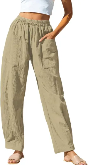 Women Summer Beach Vacation Pants Wide Leg Linen Elastic Waist Loose Palazzo Flowy Trousers with Pocket