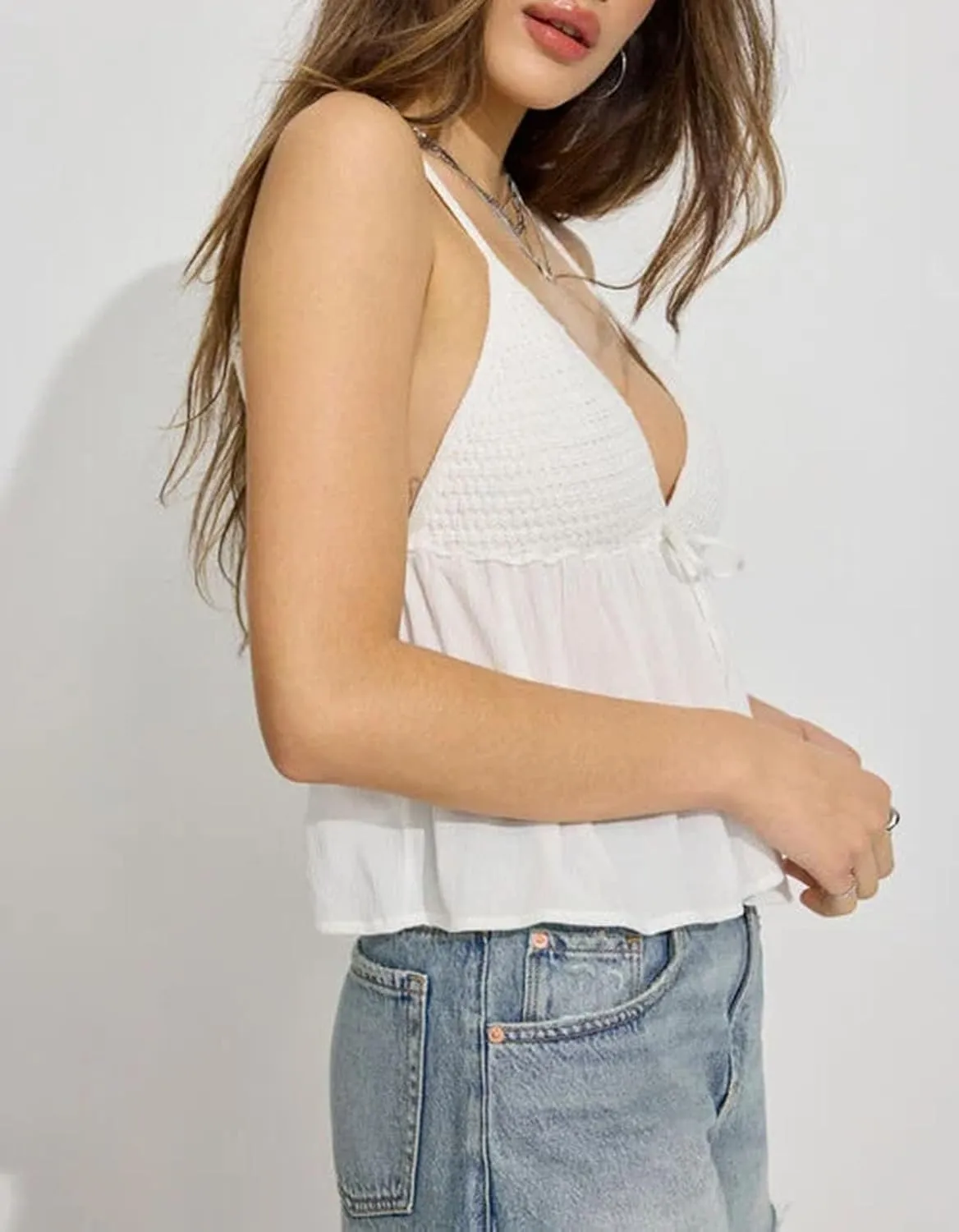 Women Summer Going Out Tops V Neck Knit Bust Flowy Plisse Y2k Camisole Crop Tops Sexy Split Sleeveless Cami Shirt
