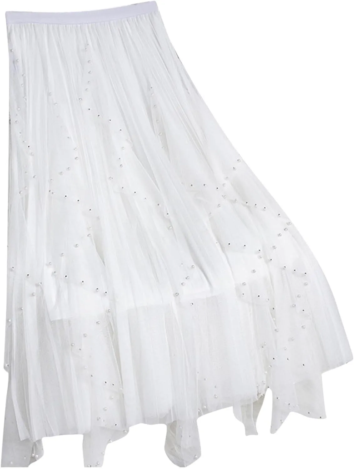 Women Tutu Tulle Long Skirt Elastic High Waist Layered Skirt Mesh Midi Skirt Irregular A-Line Beading Party Skirts