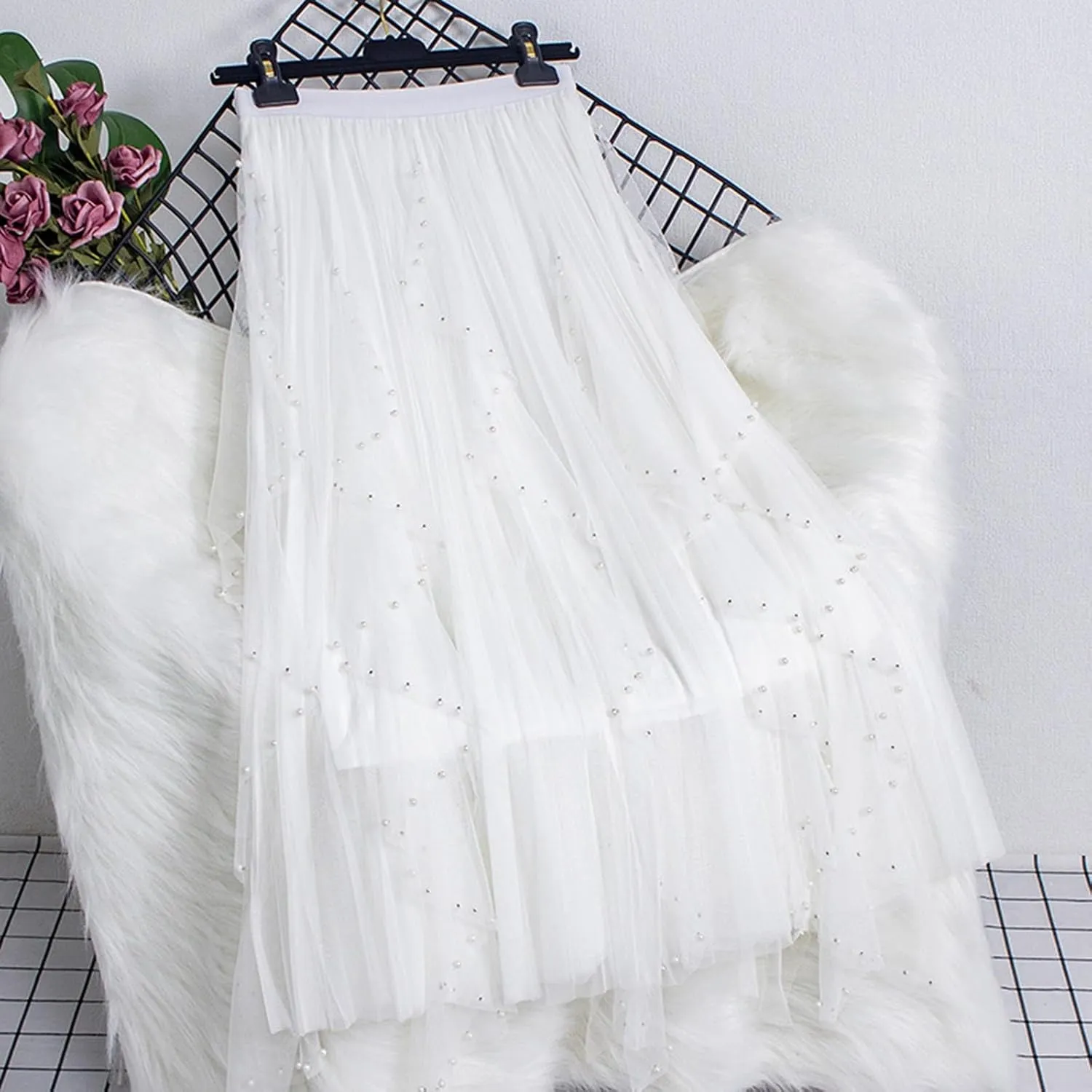 Women Tutu Tulle Long Skirt Elastic High Waist Layered Skirt Mesh Midi Skirt Irregular A-Line Beading Party Skirts