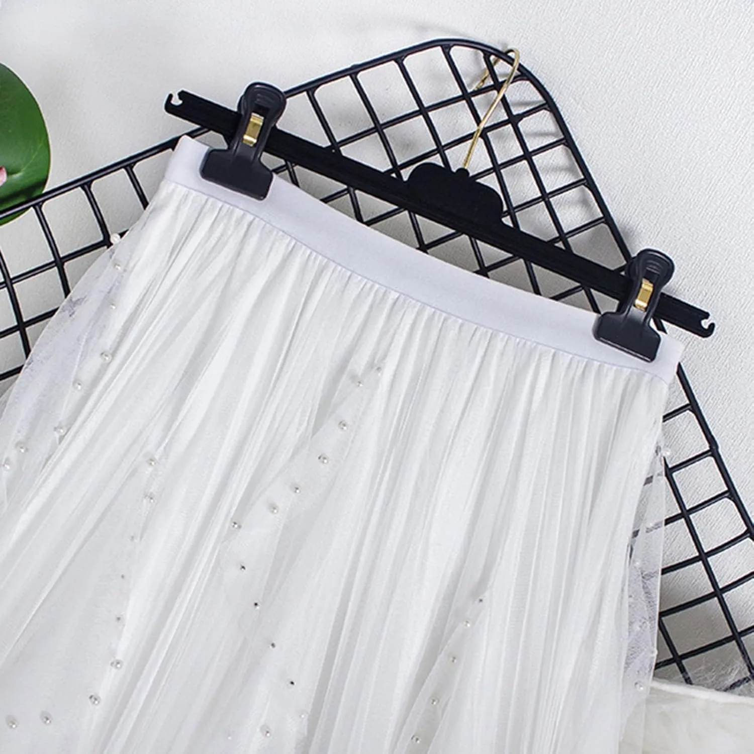 Women Tutu Tulle Long Skirt Elastic High Waist Layered Skirt Mesh Midi Skirt Irregular A-Line Beading Party Skirts