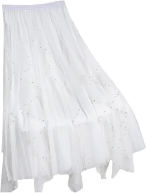 Women Tutu Tulle Long Skirt Elastic High Waist Layered Skirt Mesh Midi Skirt Irregular A-Line Beading Party Skirts