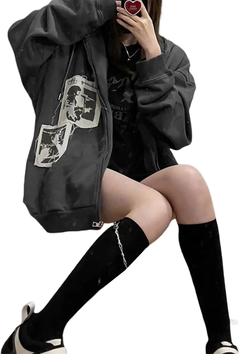 Women Y2k Hoodies Zip Up Disdress Harajuku Grunge Jacket Casual Oversized Sweatershirt Cute Alt Cardigan