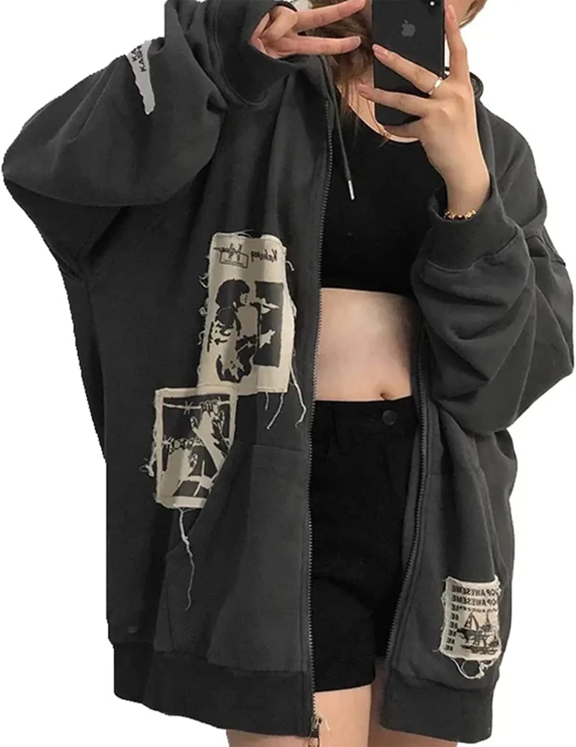 Women Y2k Hoodies Zip Up Disdress Harajuku Grunge Jacket Casual Oversized Sweatershirt Cute Alt Cardigan