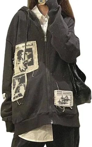 Women Y2k Hoodies Zip Up Disdress Harajuku Grunge Jacket Casual Oversized Sweatershirt Cute Alt Cardigan