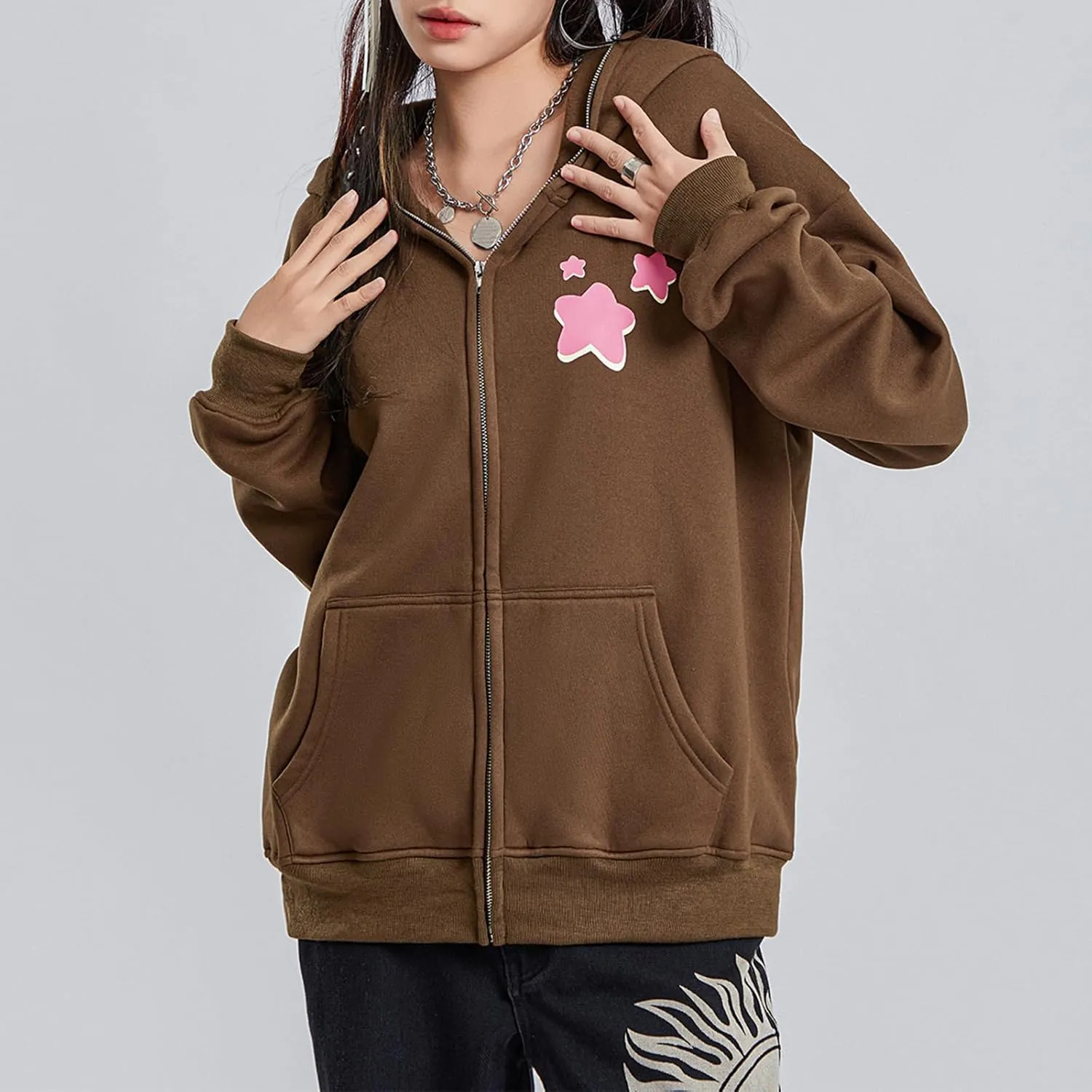 Women Y2k Zip Up Hoodies Star Skull Graphic Long Sleeve Jackets Hip Hop Harajuku Goth Oversized Hooded Sweatshirt