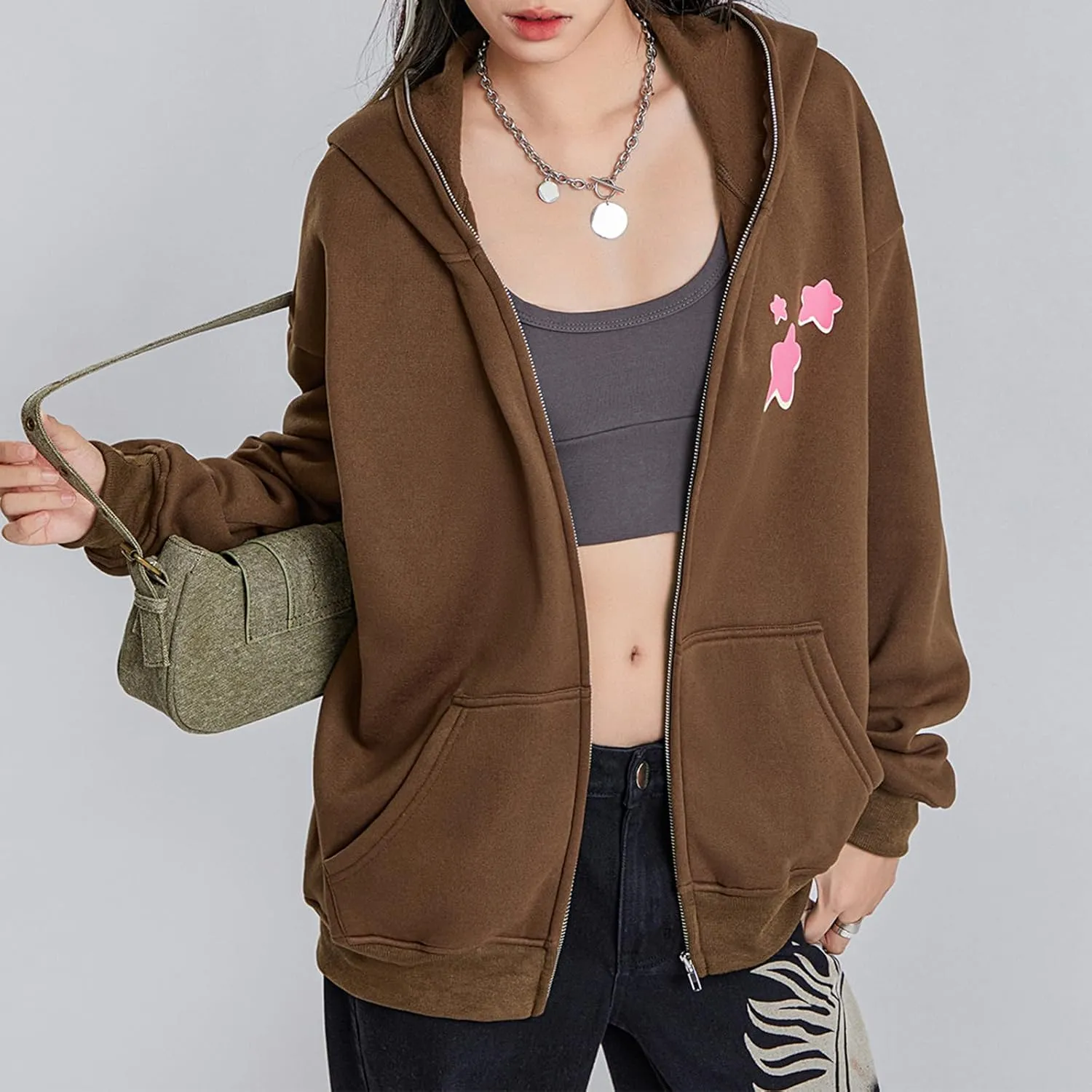 Women Y2k Zip Up Hoodies Star Skull Graphic Long Sleeve Jackets Hip Hop Harajuku Goth Oversized Hooded Sweatshirt