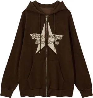 Women Y2k Zip Up Hoodies Star Skull Graphic Long Sleeve Jackets Hip Hop Harajuku Goth Oversized Hooded Sweatshirt