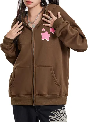 Women Y2k Zip Up Hoodies Star Skull Graphic Long Sleeve Jackets Hip Hop Harajuku Goth Oversized Hooded Sweatshirt