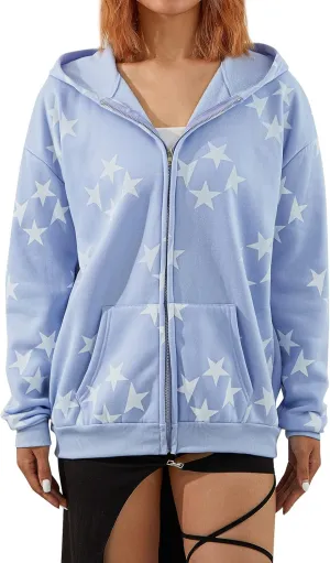 Women Y2k Zip Up Hoodies Star Skull Graphic Long Sleeve Jackets Hip Hop Harajuku Goth Oversized Hooded Sweatshirt