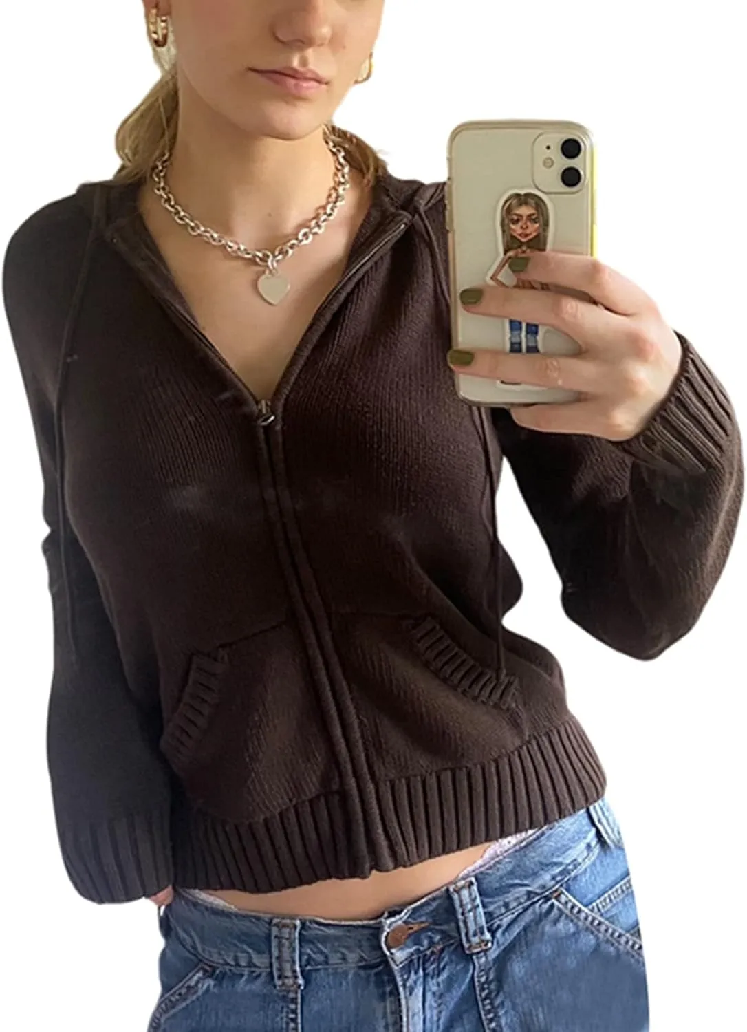 Women Zip Up Oversized Hoodies Solid Color Ribbed Knit Pullover Tops Y2k Cardigan Top Aesthetic