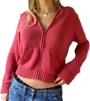 Women Zip Up Oversized Hoodies Solid Color Ribbed Knit Pullover Tops Y2k Cardigan Top Aesthetic